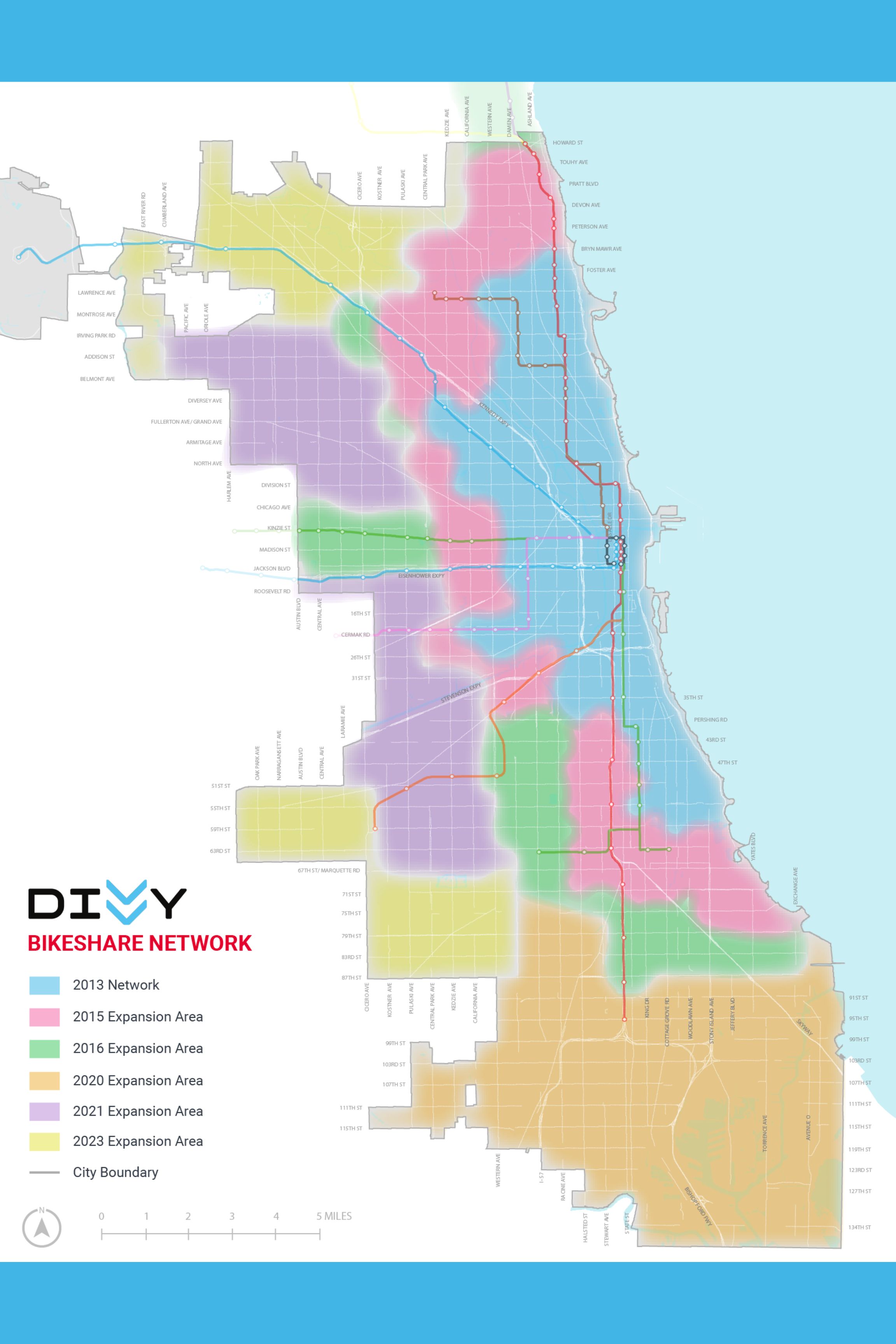 Map of Chicago showing the growth of the Divvy network since 2013